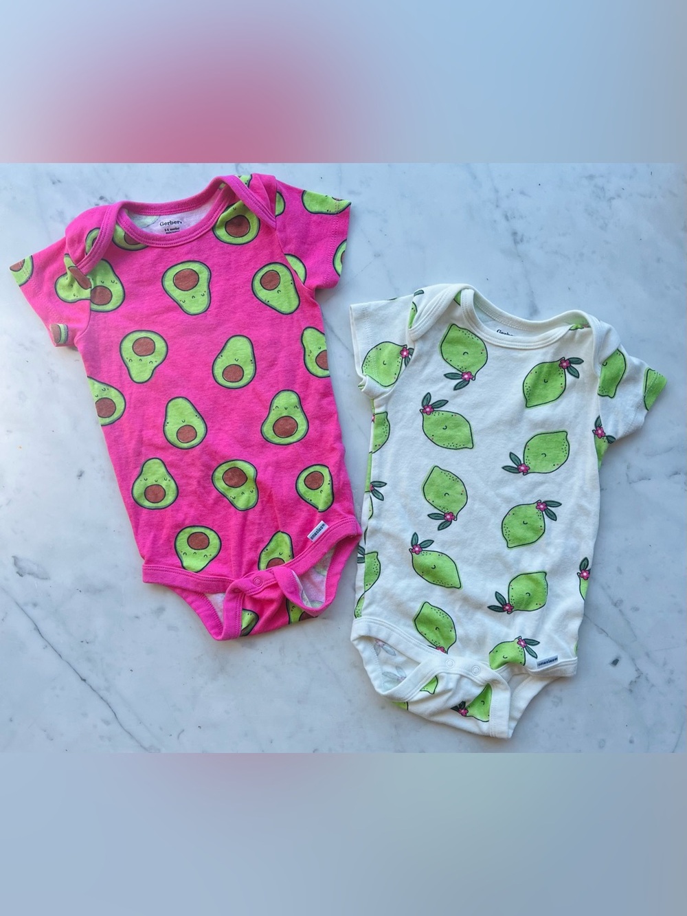 Gerber Set of 2 Baby Onesies Pink Avocado and White Limes 6-9 months